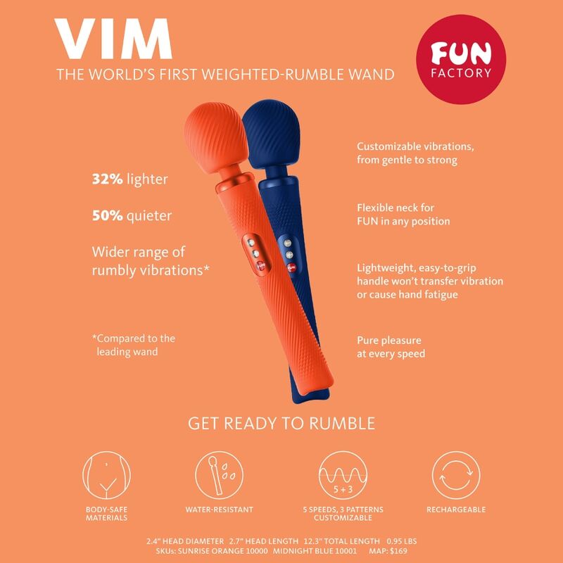 FUN FACTORY - VIM WAND RUMBLE VIBRADOR RECARGABLE SILICONA NARANJA - immagine 6