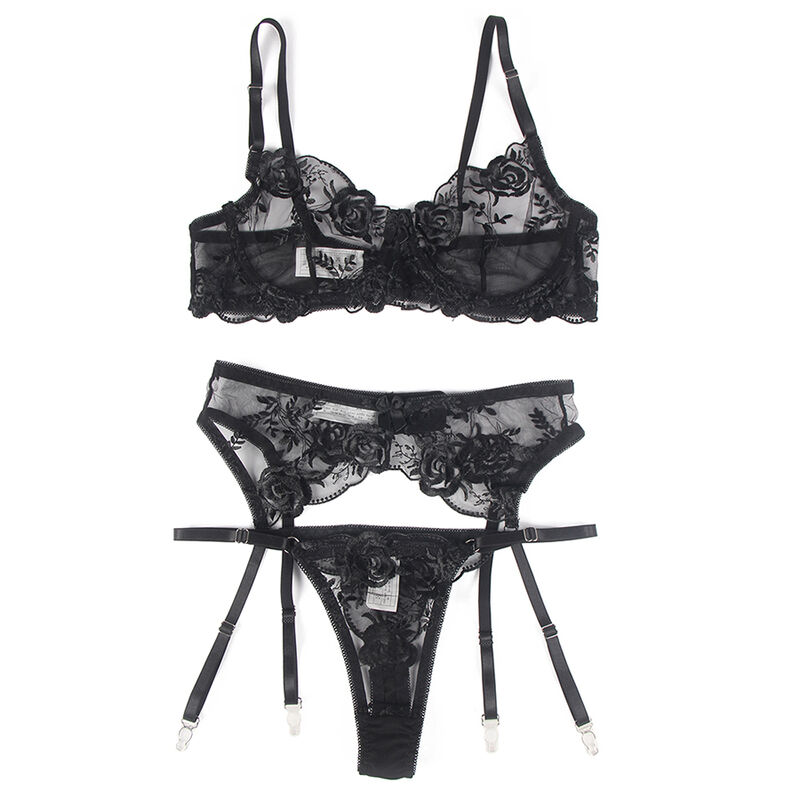SUBBLIME - SET DE 3 PIEZAS SUJETADOR + TANGA + LIGA ESTAMPADO FLORAL NEGRO S/M - immagine 11
