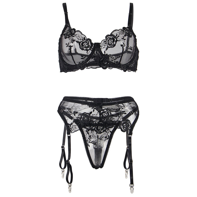 SUBBLIME - SET DE 3 PIEZAS SUJETADOR + TANGA + LIGA ESTAMPADO FLORAL NEGRO S/M - immagine 12