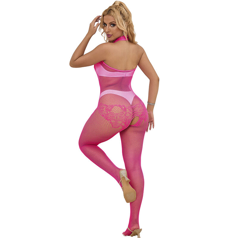 SUBBLIME - 952389 BODYSTOCKING CROTCHLESS DE REJILLA Y ENCAJE CON CUELLO ALTO ROSA TALLA ÚNICA - immagine 6