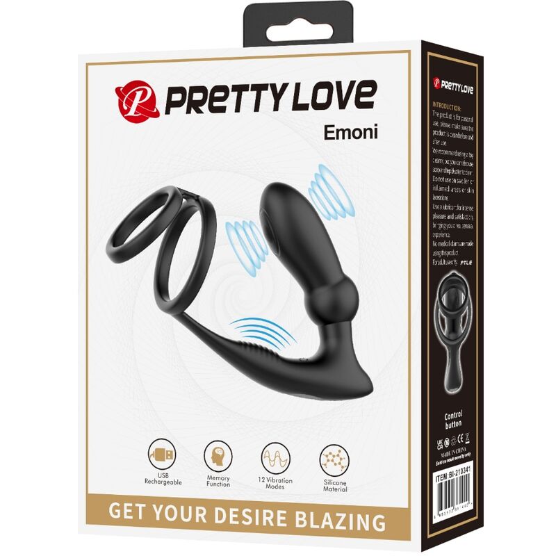 PRETTY LOVE - EMONI ANILLO PENE + PLUG ANAL 12 VIBRACIONES NEGRO - immagine 2